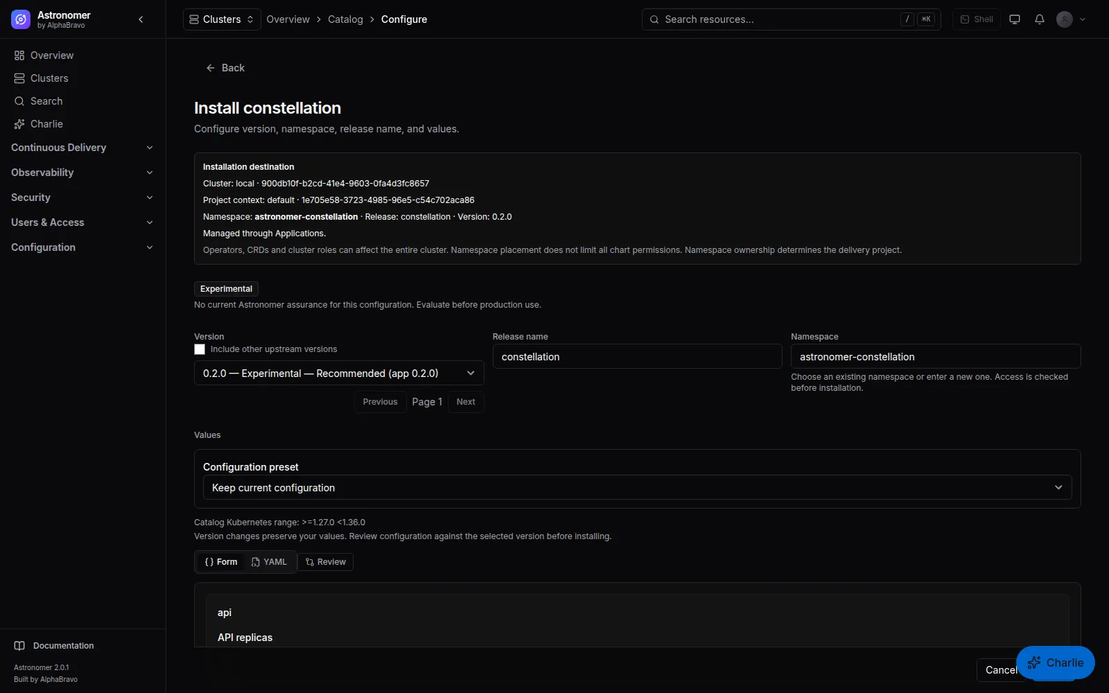 Installing Constellation: The install form for Constellation: curated settings such as image tag, high availability, network policies and scanner options, with raw YAML values a switch away.