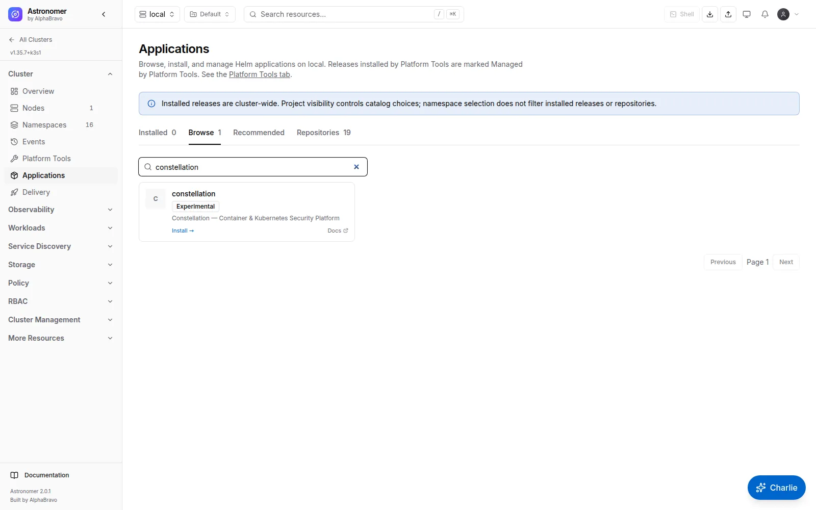 Constellation in the catalog: Constellation listed among the curated applications on a cluster's Apps page.