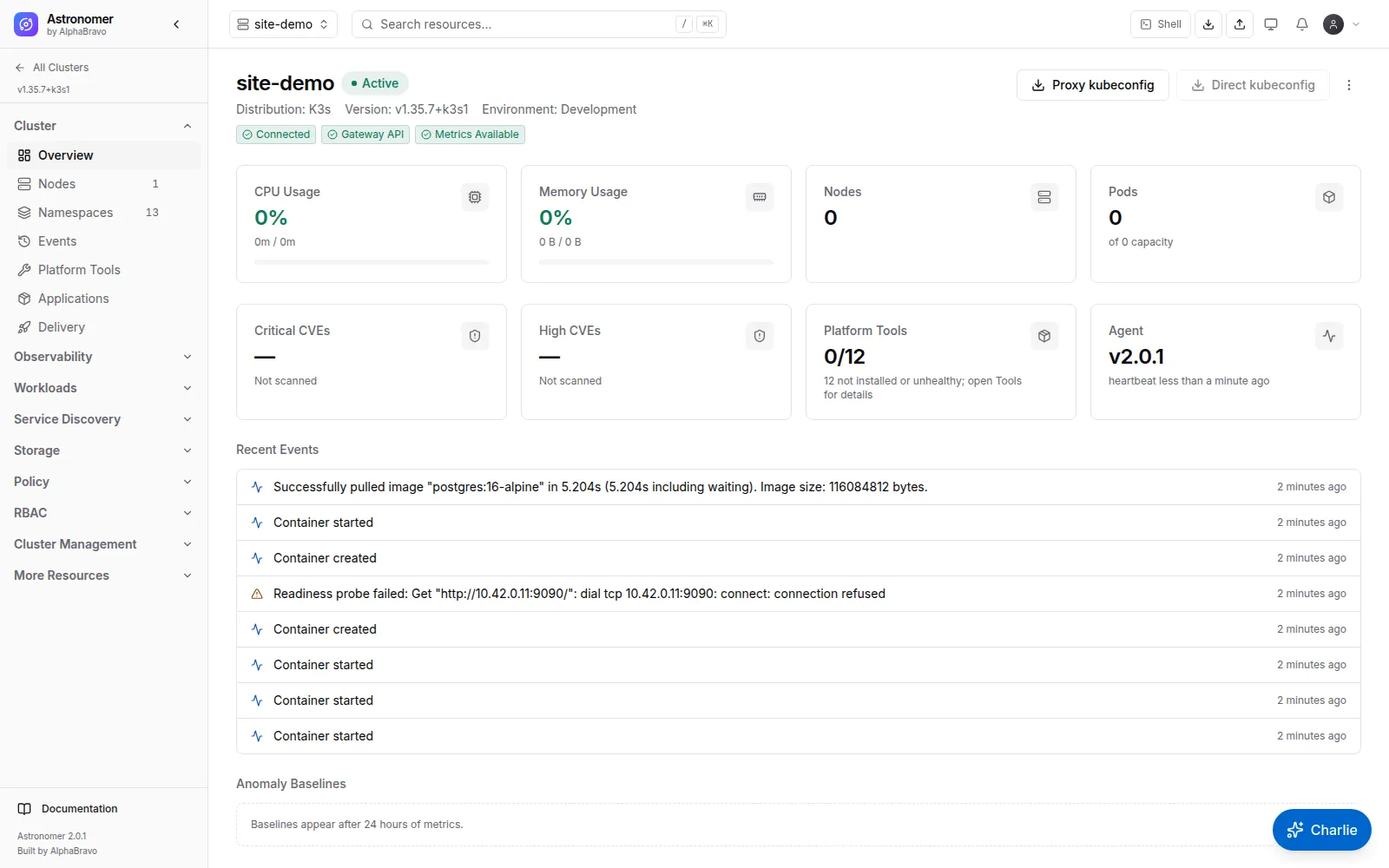 Cluster: Distribution, version, lifecycle, agent state, installed tools and CVE counts for one cluster.