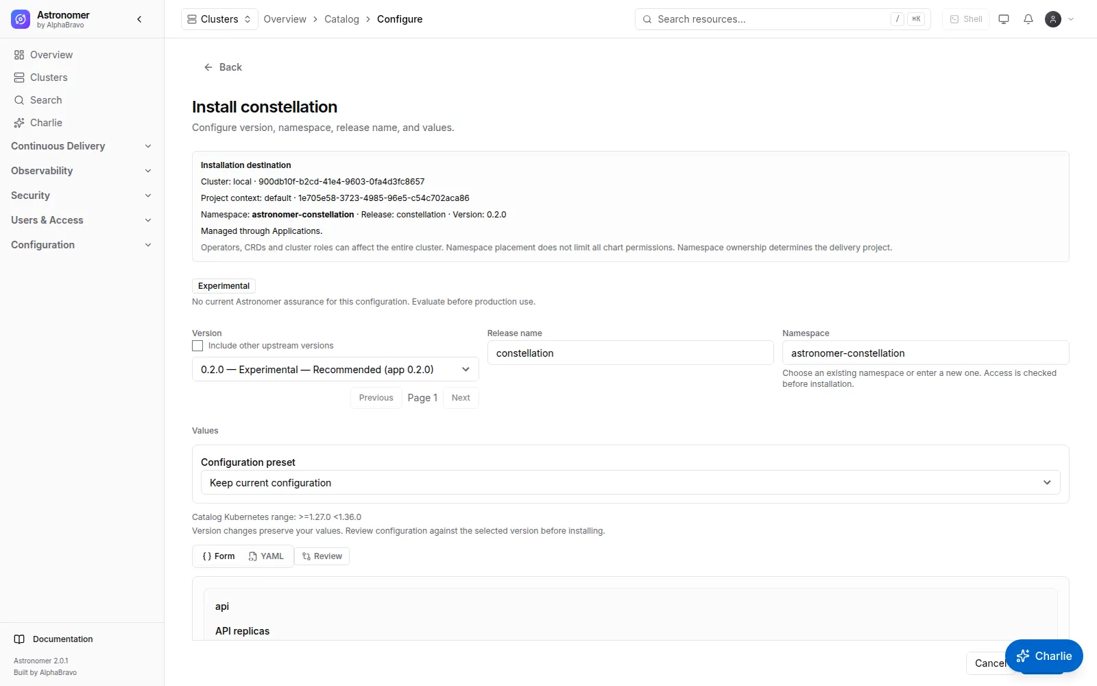 Installing Constellation: The install form for Constellation: curated settings such as image tag, high availability, network policies and scanner options, with raw YAML values a switch away.