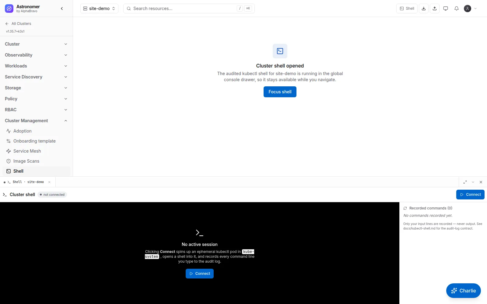 Cluster shell: A browser kubectl session in an ephemeral pod. Read-only unless elevation is requested and permitted; commands are audited, output is not stored.